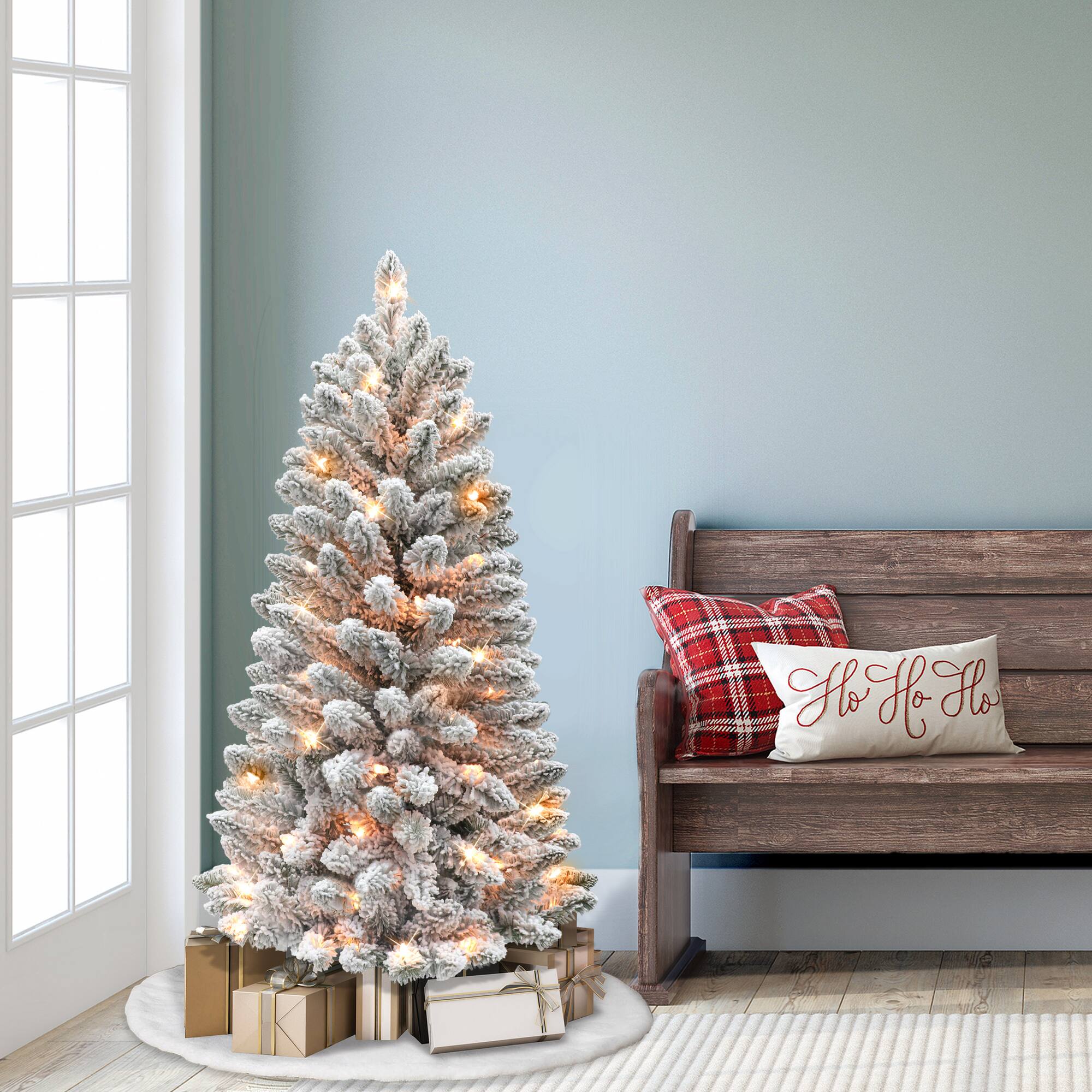 4ft. Pre-Lit Flocked Carson Pine Artificial Christmas Tree, Clear Lights